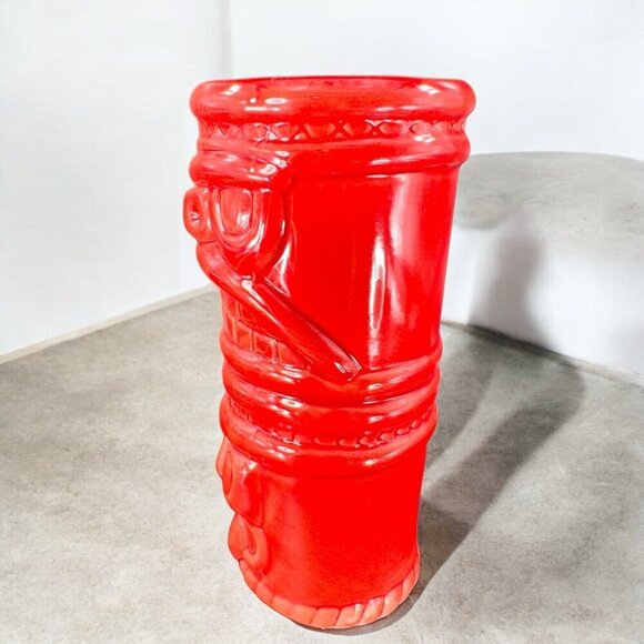 Large Ceramic Tiki God Vase Vessel Drinking Cup Red Glazed Porcelain Decor Vtg - Picture 3 of 15